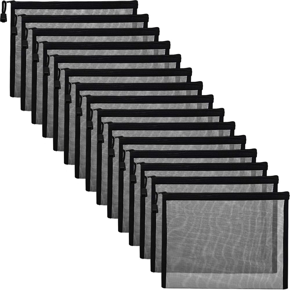 Outus 15 Pieces Mesh Bags Pouch Mesh Zipper Pouch Makeup Bags Cosmetic Travel Organizer Zipper Pencil Case (9.5 x 7.1 Inches, Black)