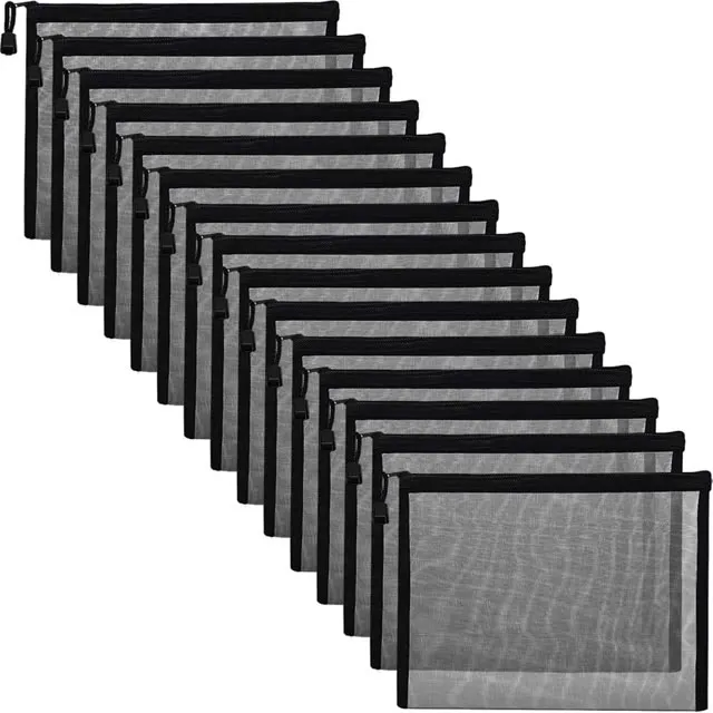 Outus 15 Pieces Mesh Bags Pouch Mesh Zipper Pouch Makeup Bags Cosmetic Travel Organizer Zipper Pencil Case (9.5 x 7.1 Inches, Black)