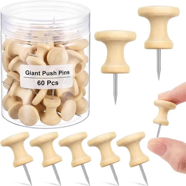 Outus 60 Pcs Giant Push Pins Jumbo Tacks 1/1.8inch Plastic Head for Cork Board Map Posters Decorations Gifts Office School Supplies (Wood Color)