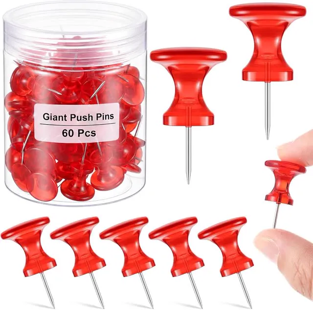 Outus 60 Pcs Giant Push Pins Jumbo Tacks 1/1.8inch Plastic Head for Cork Board Map Posters Decorations Gifts Office School Supplies (Red)