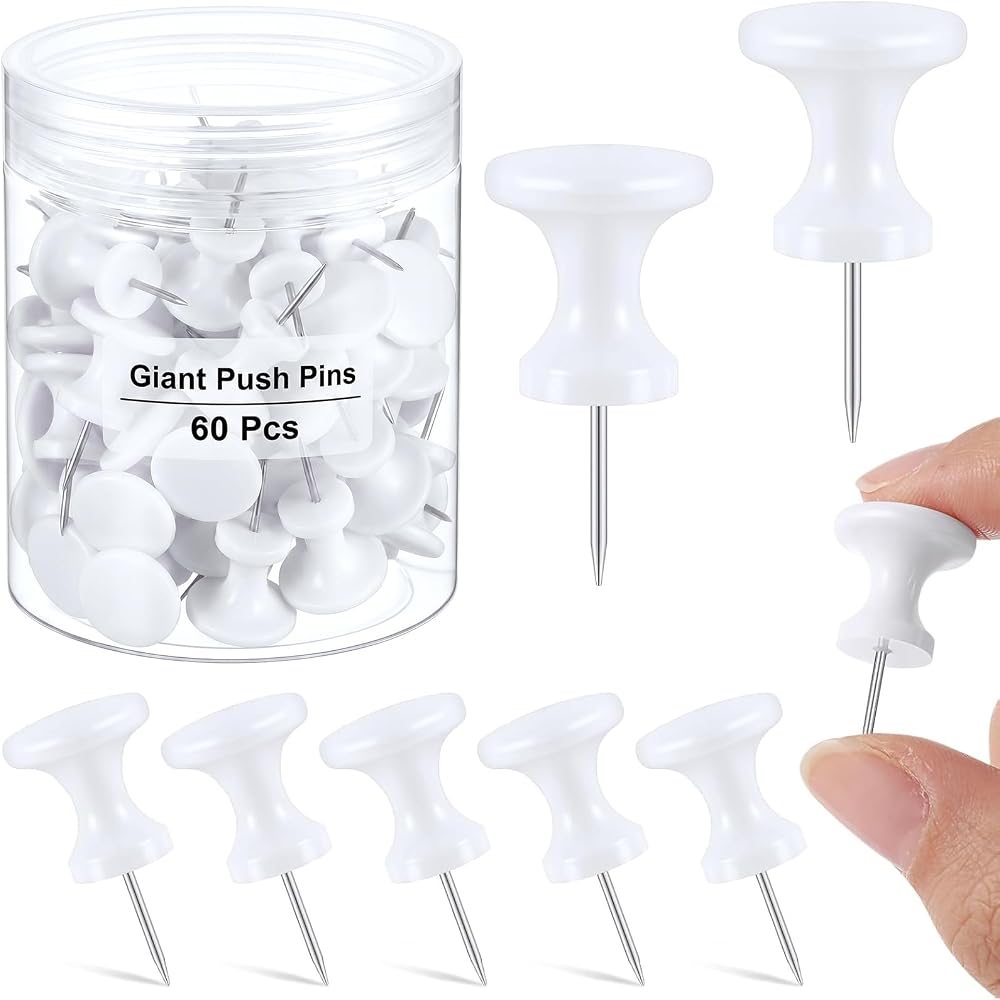 Outus 60 Pcs Giant Push Pins Jumbo Tacks 1/1.8inch Plastic Head for Cork Board Map Posters Decorations Gifts Office School Supplies (White)