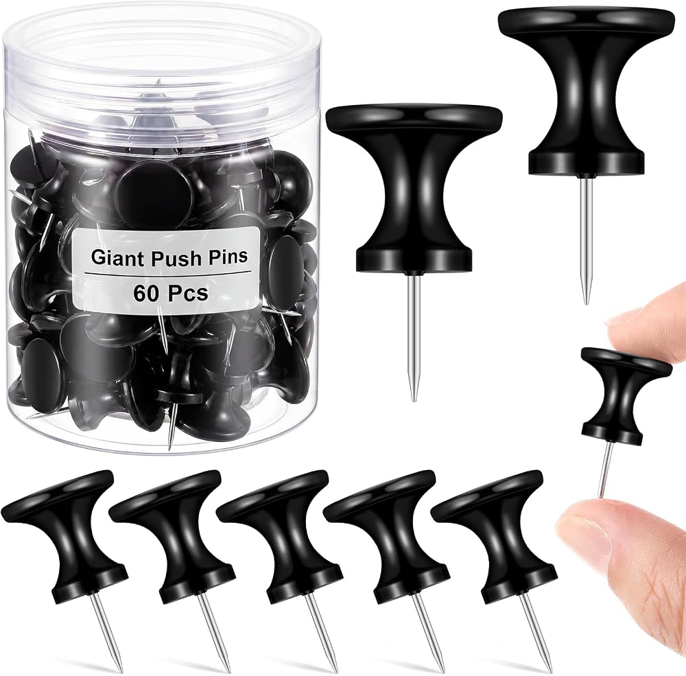 Outus 60 Pcs Giant Push Pins Jumbo Tacks 1/1.8inch Plastic Head for Cork Board Map Posters Decorations Gifts Office School Supplies (Black)