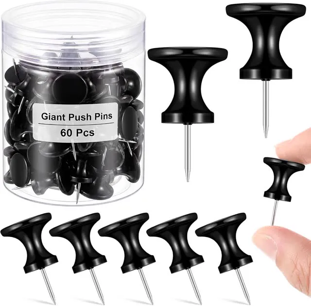 Outus 60 Pcs Giant Push Pins Jumbo Tacks 1/1.8inch Plastic Head for Cork Board Map Posters Decorations Gifts Office School Supplies (Black)