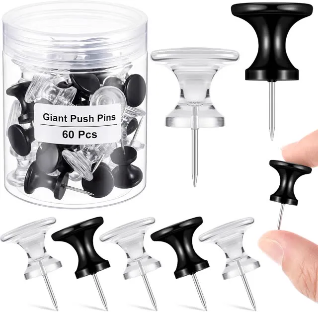 Outus 60 Pcs Giant Push Pins Jumbo Tacks 1/1.8inch Plastic Head for Cork Board Map Posters Decorations Gifts Office School Supplies (Clear, Black)