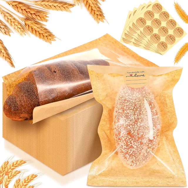 Outus 240 Pcs Cookie Packaging Bags with Seal, 5.1 x 7.5 Inch Bakery Pastry Bags with Window, Heat Sealable Grease Resistant Paper (Brown)