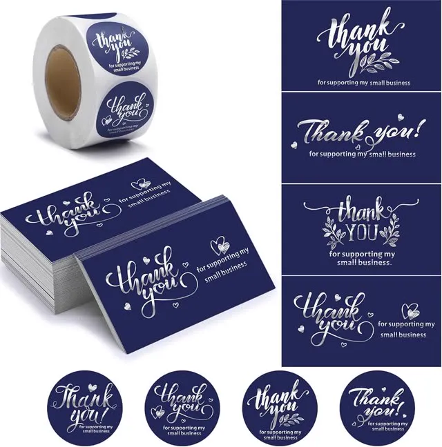Outus 600 Pieces Thank You for Supporting My Small Business Cards and Stickers Set - Blue Gold Foil Thank You Cards for Retail Store Package Insert