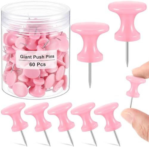 Outus 60 Pcs Giant Push Pins Jumbo Tacks 1/1.8inch Plastic Head for Cork Board Map Posters Decorations Gifts Office School Supplies (Pink)