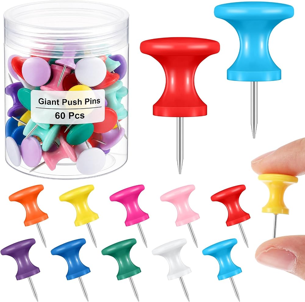 Outus 60 Pcs Giant Push Pins Jumbo Tacks 1/1.8inch Plastic Head for Cork Board Map Posters Decorations Gifts Office School Supplies (Colorful)