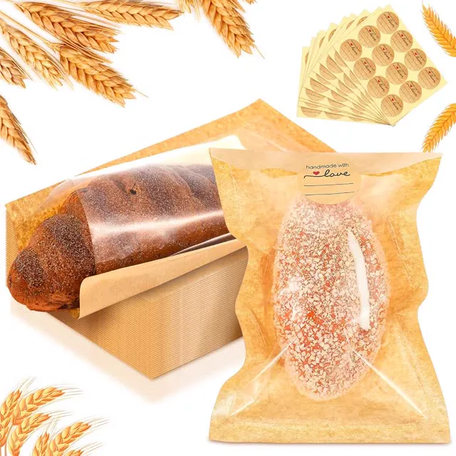 Outus 100 Pcs Cookie Packaging Bags with Seal, 5.1 x 7.5 Inch Bakery Pastry Bags with Window, Heat Sealable Grease Resistant Paper (Brown)