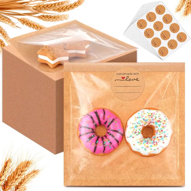 Outus 100 Pcs Cookie Packaging Bags with Seal, 4 x 4 Inch Bakery Pastry Bags with Window, Heat Sealable Grease Resistant Paper (Brown)