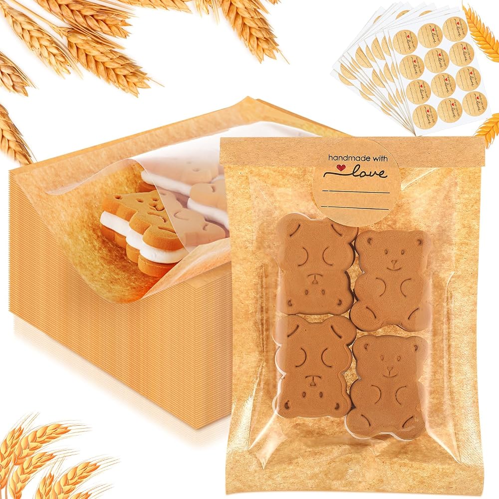 Outus 50 Pcs Cookie Packaging Bags with Seal, 4 x 6 Inch Bakery Pastry Bags with Window, Heat Sealable Grease Resistant Paper (Brown)