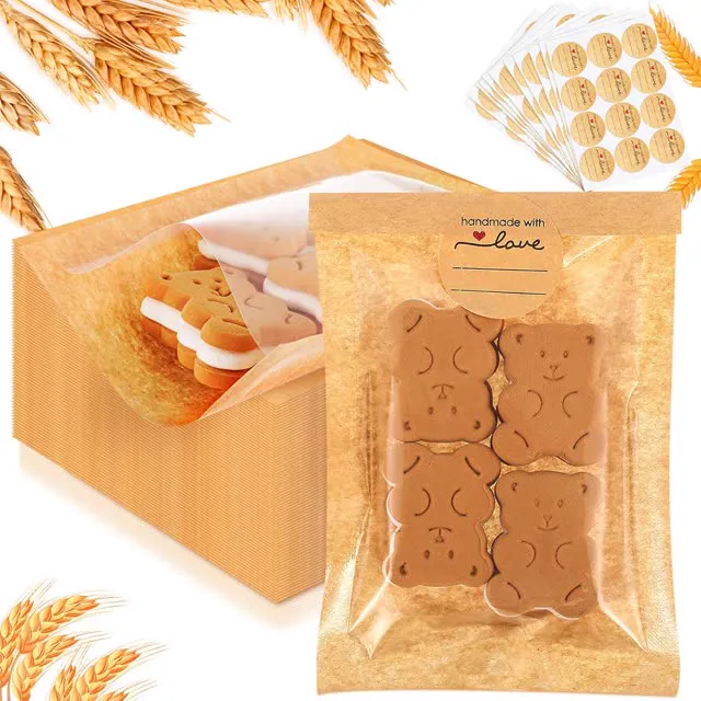 Outus 50 Pcs Cookie Packaging Bags with Seal, 4 x 6 Inch Bakery Pastry Bags with Window, Heat Sealable Grease Resistant Paper (Brown)