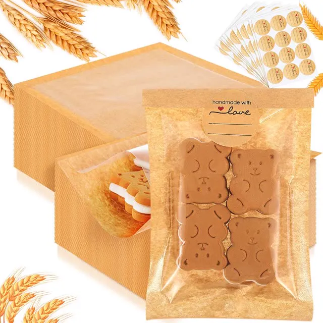 Outus 200 Pcs Cookie Packaging Bags with Seal, 4 x 6 Inch Bakery Pastry Bags with Window, Heat Sealable Grease Resistant Paper (Brown)
