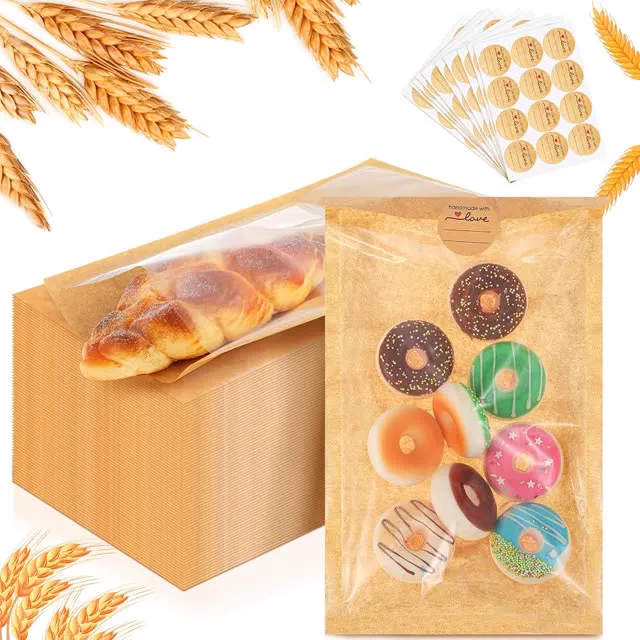 Outus 100 Pcs Cookie Packaging Bags with Seal, 6 x 10 Inch Bakery Pastry Bags with Window, Heat Sealable Grease Resistant Paper (Brown)