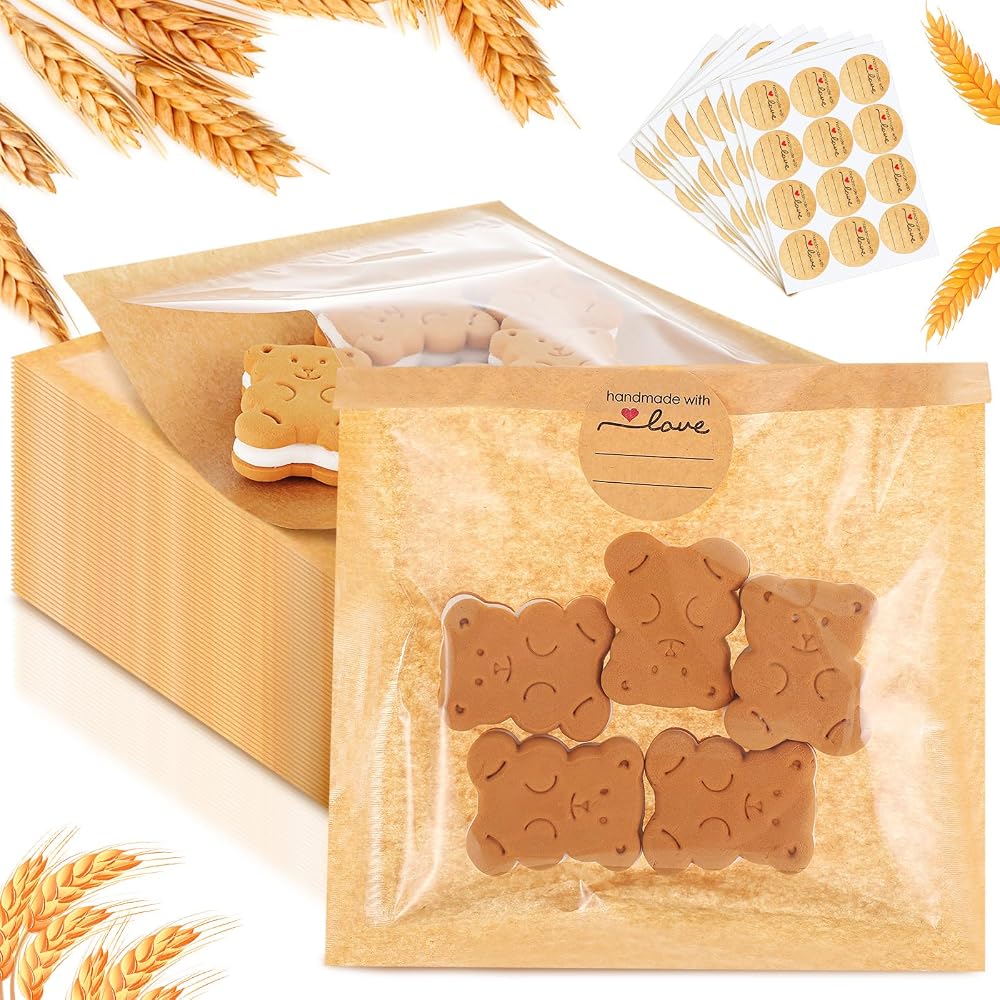 Outus 100 Pcs Cookie Packaging Bags with Seal, 5 x 5 Inch Bakery Pastry Bags with Window, Heat Sealable Grease Resistant Paper (Brown)