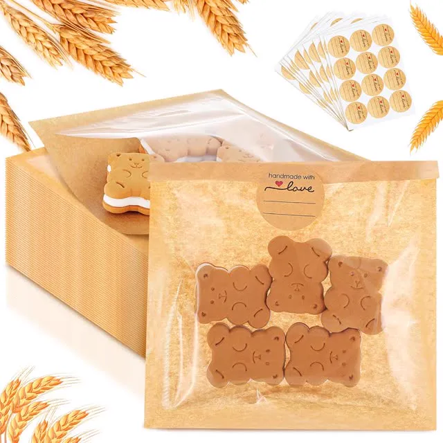 Outus 100 Pcs Cookie Packaging Bags with Seal, 6 x 6 Inch Bakery Pastry Bags with Window, Heat Sealable Grease Resistant Paper (Brown)