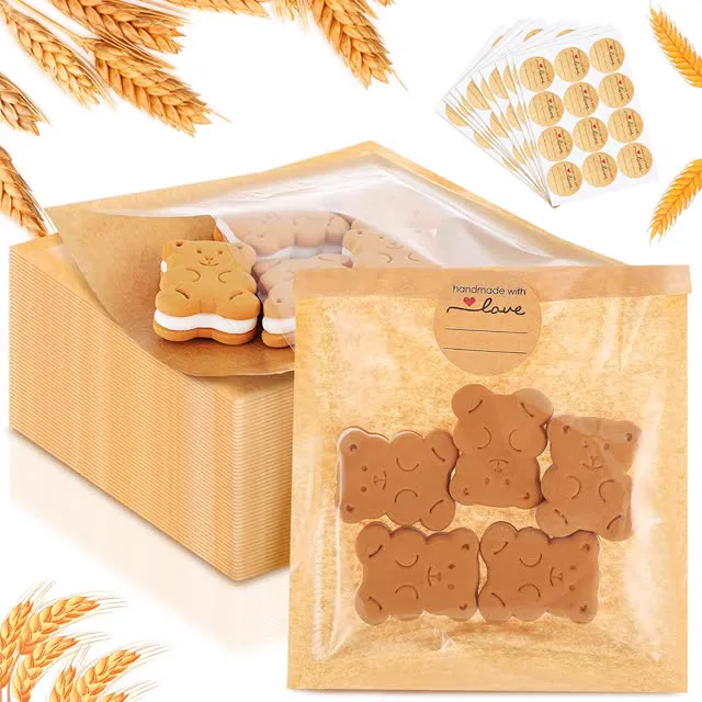 Outus 50 Pcs Cookie Packaging Bags with Seal, 5.7 x 6.5 Inch Bakery Pastry Bags with Window, Heat Sealable Grease Resistant Paper (Brown)