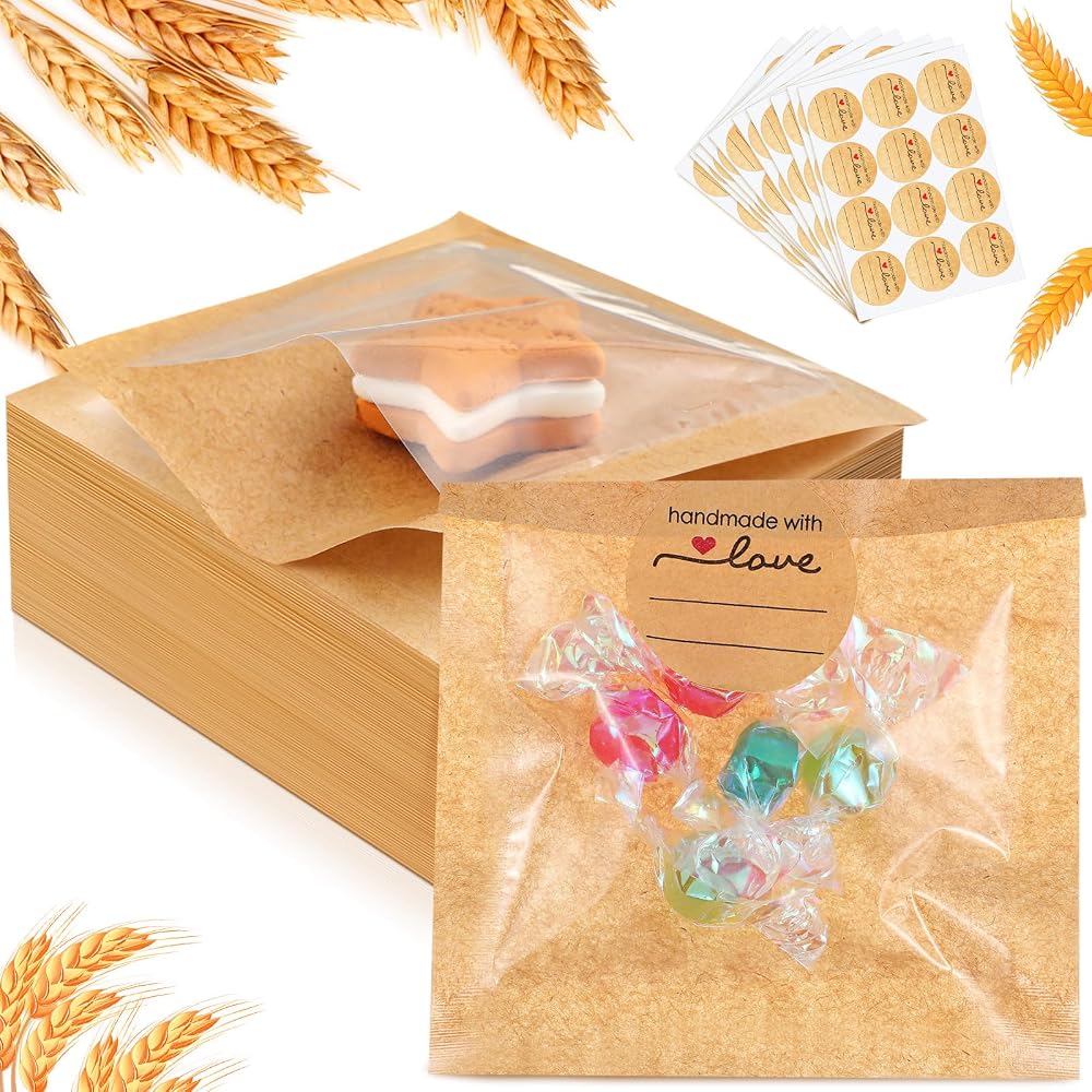 Outus 100 Pcs Cookie Packaging Bags with Seal, 3 x 3 Inch Bakery Pastry Bags with Window, Heat Sealable Grease Resistant Paper (Brown)