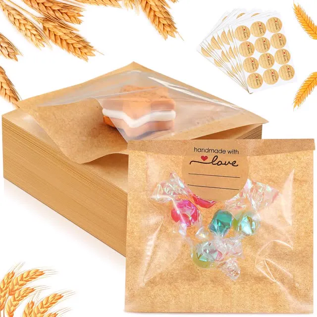 Outus 100 Pcs Cookie Packaging Bags with Seal, 3 x 3 Inch Bakery Pastry Bags with Window, Heat Sealable Grease Resistant Paper (Brown)