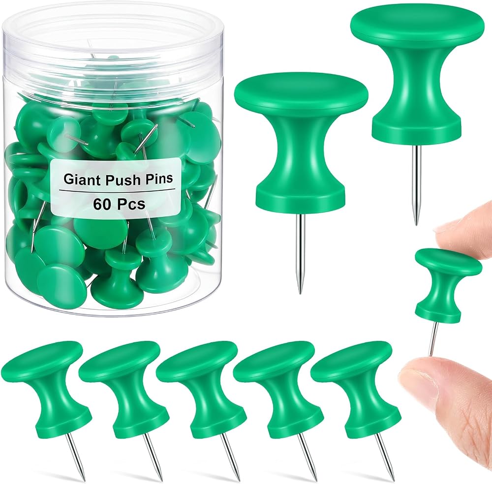 Outus 60 Pcs Giant Push Pins Jumbo Tacks 1/1.8inch Plastic Head for Cork Board Map Posters Decorations Gifts Office School Supplies (Green)