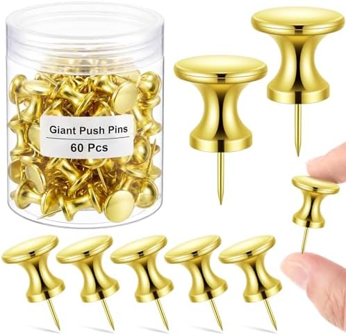 Outus 60 Pcs Giant Push Pins Jumbo Tacks 1/1.8inch Plastic Head for Cork Board Map Posters Decorations Gifts Office School Supplies (Gold Coating)