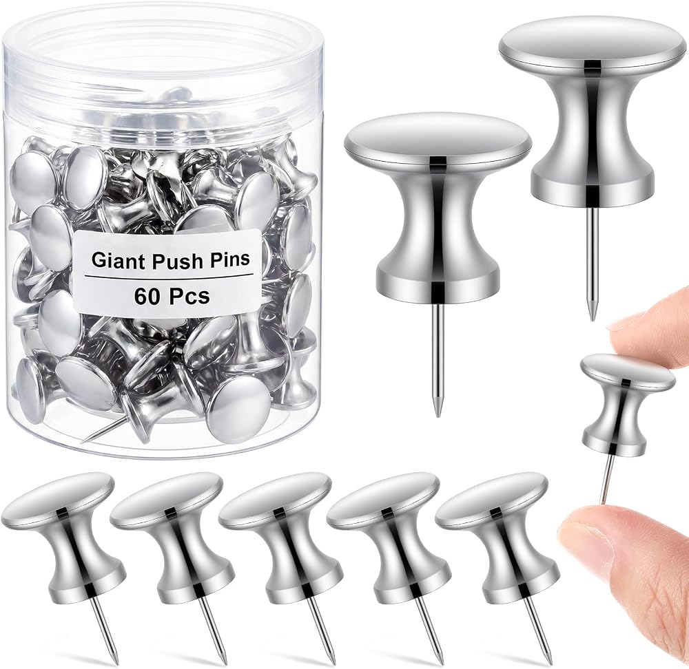 Outus 60 Pcs Giant Push Pins Jumbo Tacks 1/1.8inch Plastic Head for Cork Board Map Posters Decorations Gifts Office School Supplies (Silver Coating)