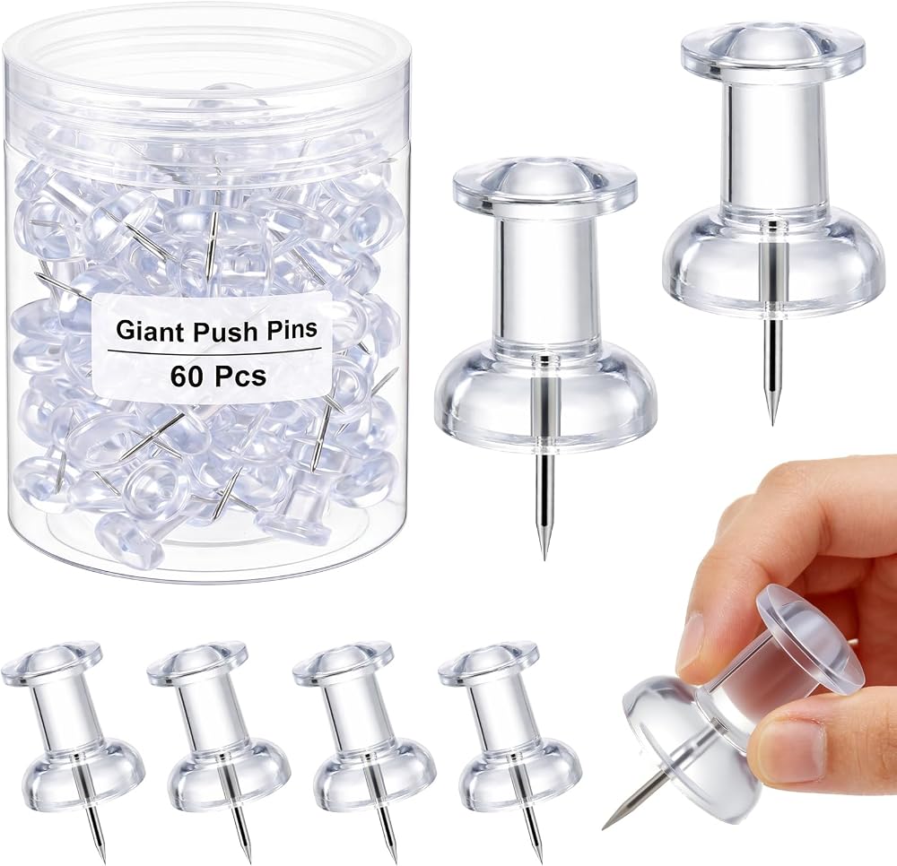 Outus 60 Pcs Giant Push Pins Jumbo Tacks 1/1.8inch Plastic Head for Cork Board Map Posters Decorations Gifts Office School Supplies (Transparent)