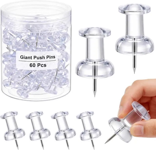 Outus 60 Pcs Giant Push Pins Jumbo Tacks 1/1.8inch Plastic Head for Cork Board Map Posters Decorations Gifts Office School Supplies (Transparent)