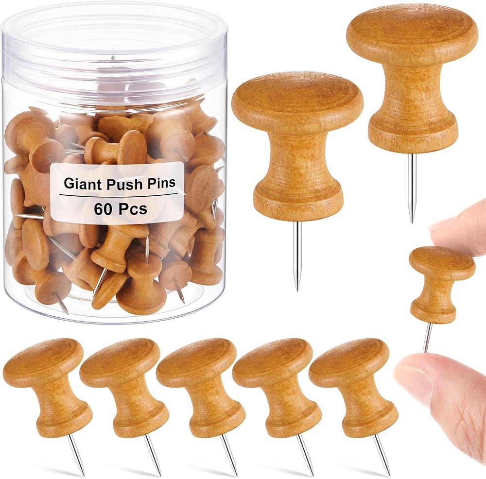 Outus 60 Pcs Giant Push Pins Jumbo Tacks 1/1.8inch Plastic Head for Cork Board Map Posters Decorations Gifts Office School Supplies (Deep Wood)