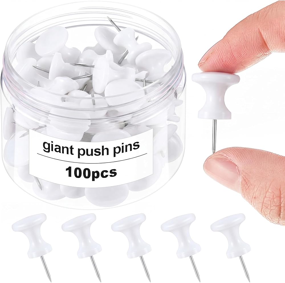 Outus 100 Pcs Giant Push Pins Jumbo Tacks 1 Inch Plastic Head for Cork Board Map Posters Decorations Gifts (White)