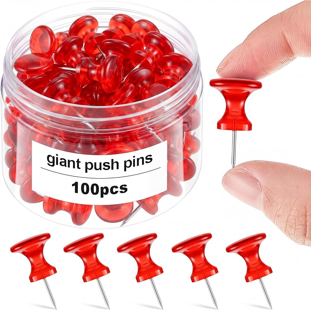 Outus 100 Pcs Giant Push Pins Large Thumb Tacks Plastic Heads 1 Inch Jumbo Push Pins for Cork Board Map Posters Office School (Red)