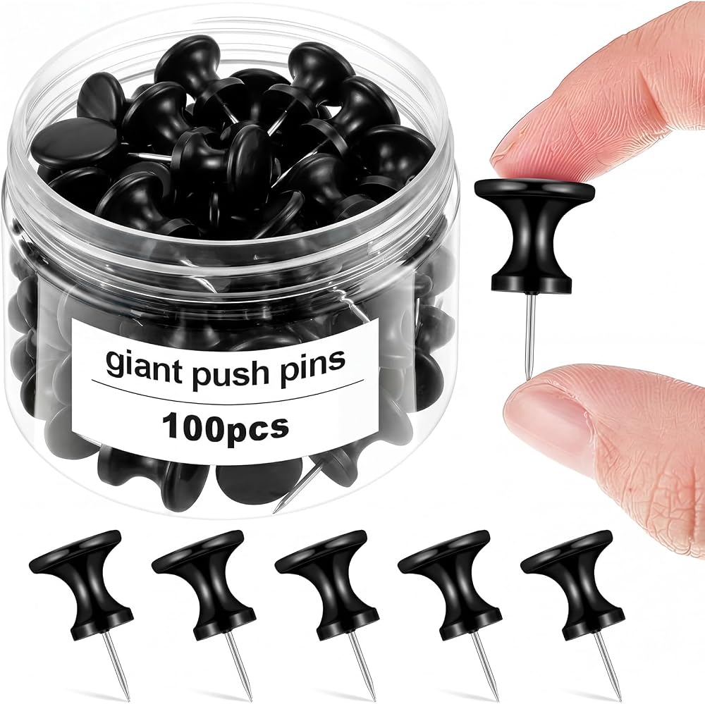 Outus 100 Pcs Giant Push Pins Large Thumb Tacks Plastic Heads 1 Inch Jumbo Push Pins for Cork Board Map Posters Office School (Black)