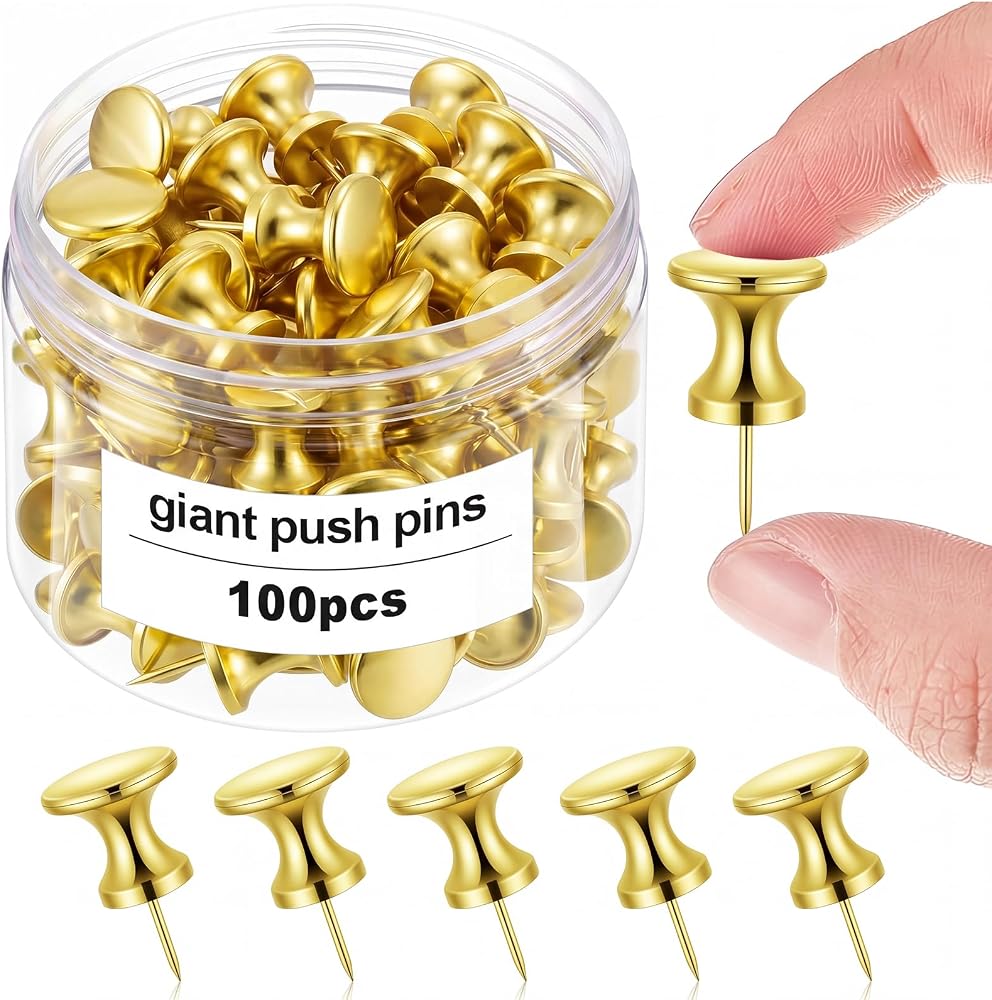 Outus 100 Pcs Giant Push Pins Large Thumb Tacks Plastic Heads 1 Inch Jumbo Push Pins for Cork Board Map Posters Office School (Gold Coating)